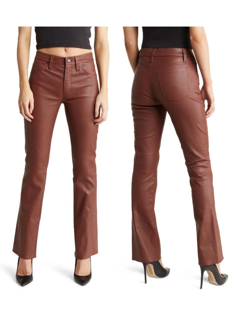 Hudson Womens Barbara High-Rise Baby Bootcut Lamb Leather Pants Cinnamon Size 25
